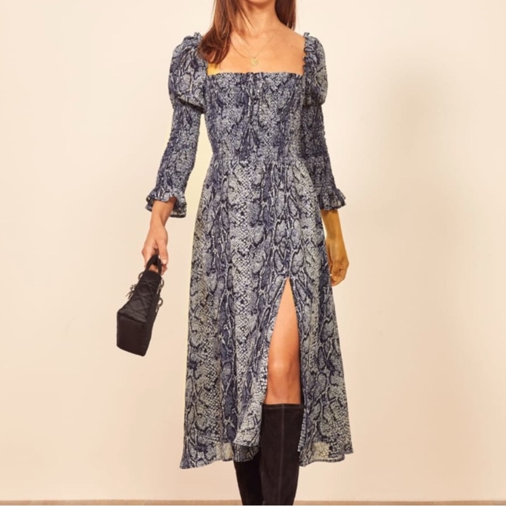 Reformation Rosamund Dress Navy Blue Snake Print Puff Sleeve Midi Dress Small